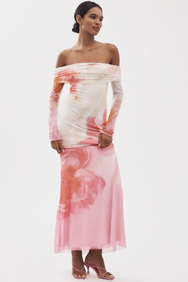 AFRM LONG-SLEEVE OFF-THE-SHOULDER MESH MAXI DRESS 