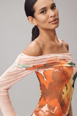 AFRM LONG-SLEEVE OFF-THE-SHOULDER MESH MAXI DRESS 