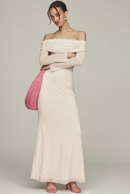 Long-Sleeve Off-The-Shoulder Mesh Maxi Dress taille: M chez Anthropologie - AFRM - Modalova