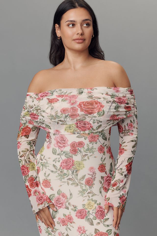 afrm long-sleeve off-the-shoulder mesh maxi dress AFRM Polly Off-The-Shoulder Long-Sleeve Mesh Maxi Dress