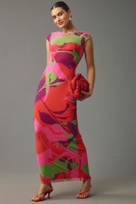 Shop Afrm Cap-sleeve Slim Mesh Maxi Dress In Pink