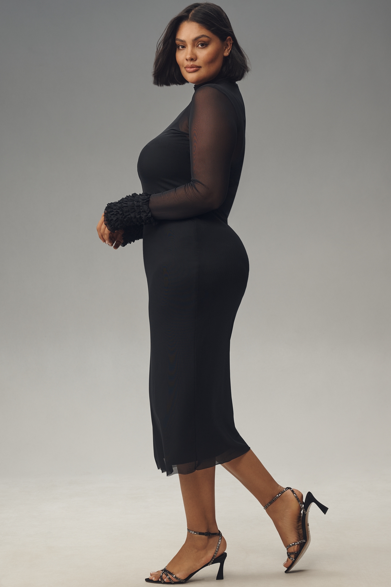 AFRM Ariel Mock-Neck Ruffle-Cuff Mesh Dress