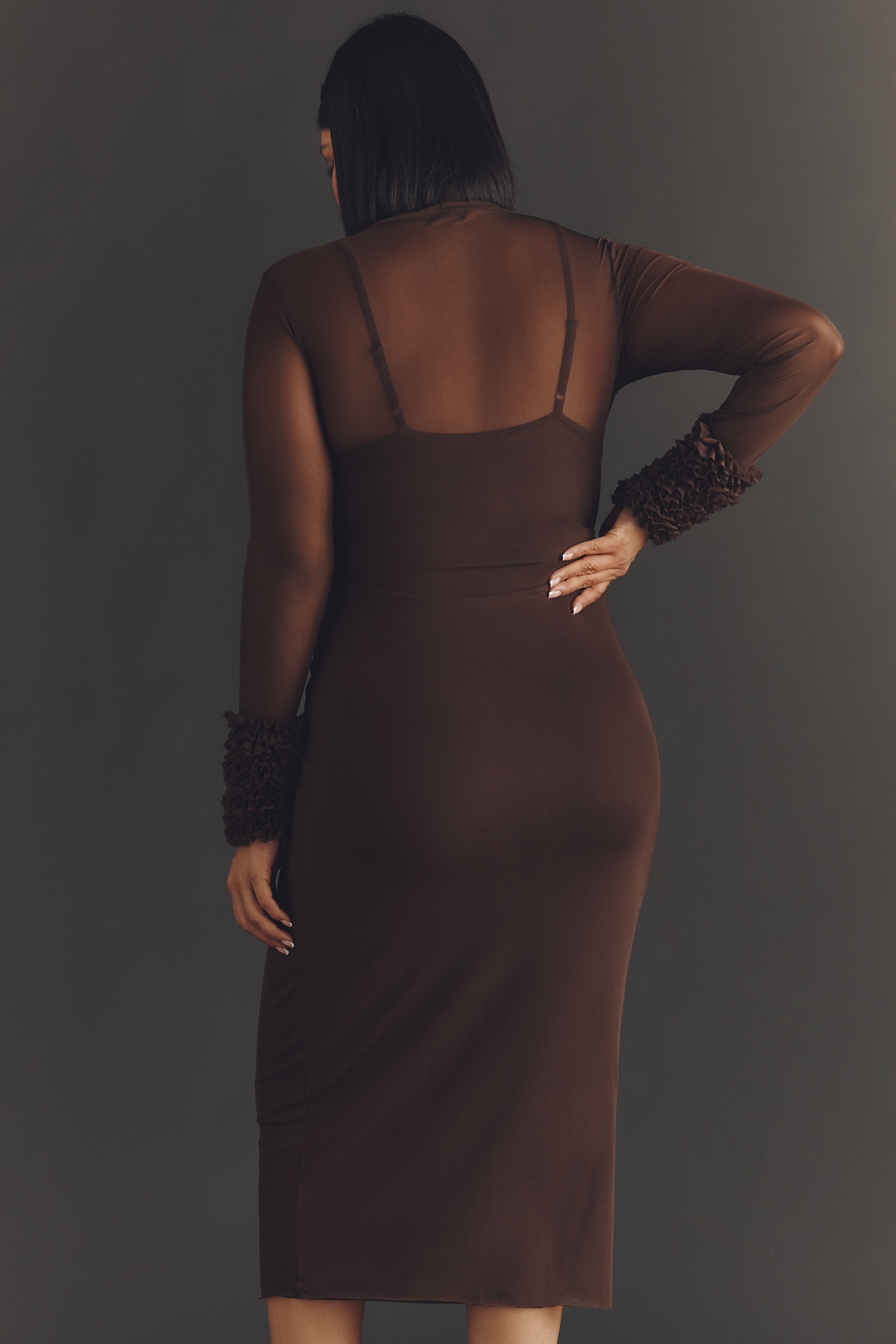 AFRM Ariel Mock-Neck Ruffle-Cuff Mesh Dress