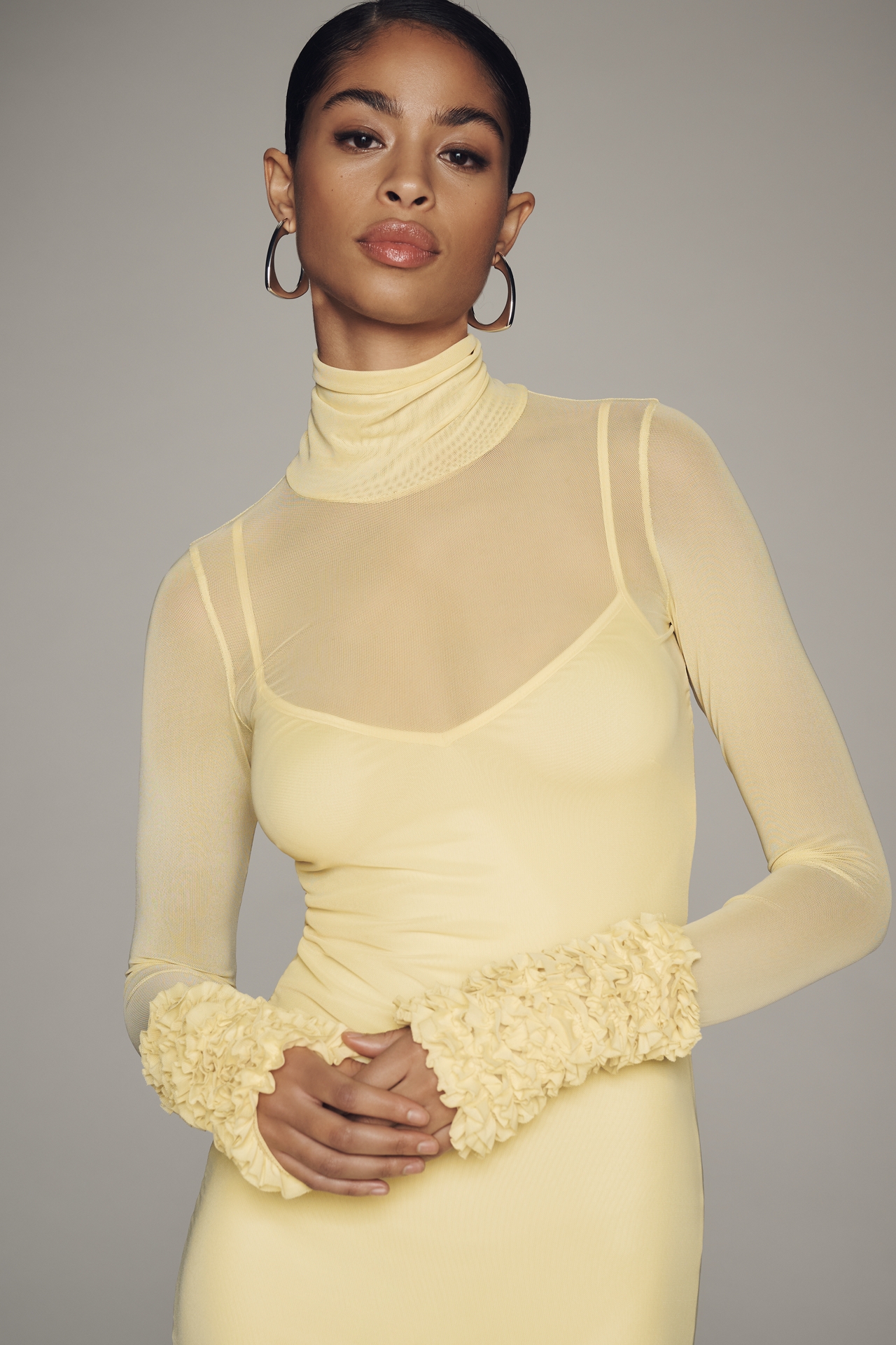 AFRM Ariel Mock-Neck Ruffle-Cuff Mesh Dress