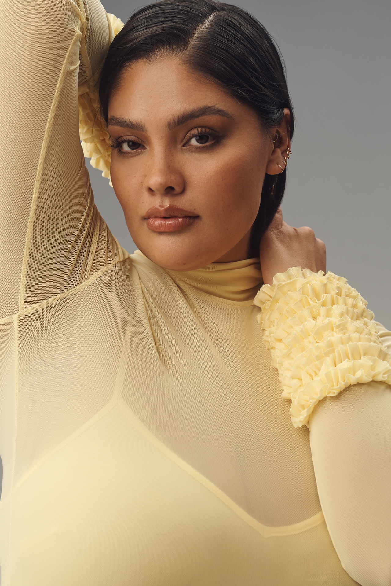 AFRM Ariel Mock-Neck Ruffle-Cuff Mesh Dress