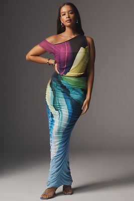 AFRM PLUS OFF-THE-SHOULDER RUCHED MESH MAXI DRESS 
