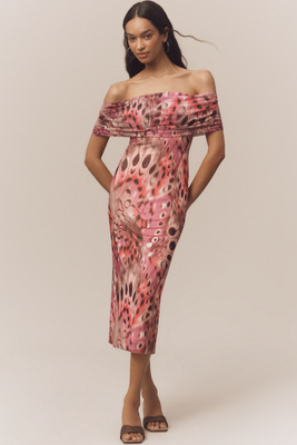 Afrm Zamora Off-the-shoulder Mesh Midi Dress In Multi
