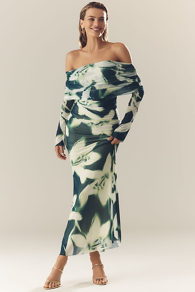 afrm long sleeve off the shoulder mesh maxi dress stretch teal flower in black From AFRM AFRM Essie Mesh Off-The-Shoulder Long