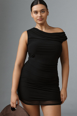 Afrm Chaska Plus Off-shoulder Mesh Mini Dress In Black