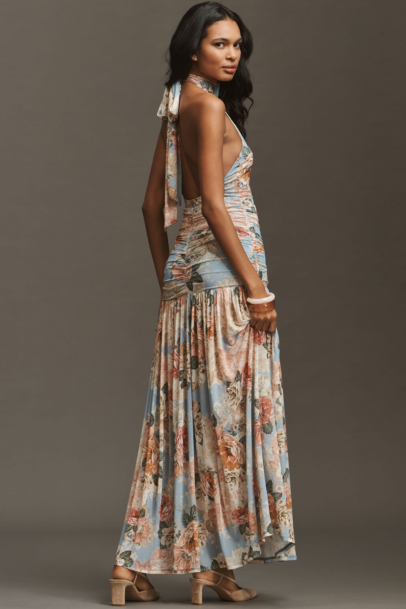 AFRM Cromwell Halter Ruched Mesh Maxi Dress