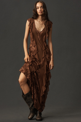 Afrm Trista Ruffle-sleeve V-neck Maxi Dress In Brown