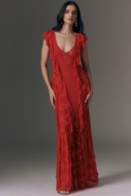 chinese dress ladies New Lacausa Anthropologie Crimson Cranberry Satin Maxi Dress