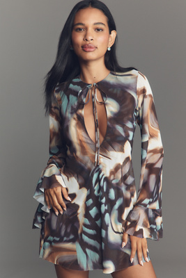 Afrm Kori Long-sleeve Mesh Ruffled Mini Dress In Multi