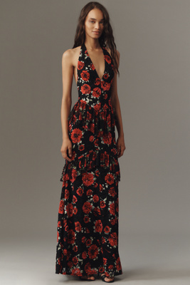 Afrm Halter Ruffle Maxi Dress In Black