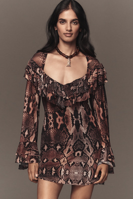 Afrm Sweetheart Ruffle Mini Dress In Brown