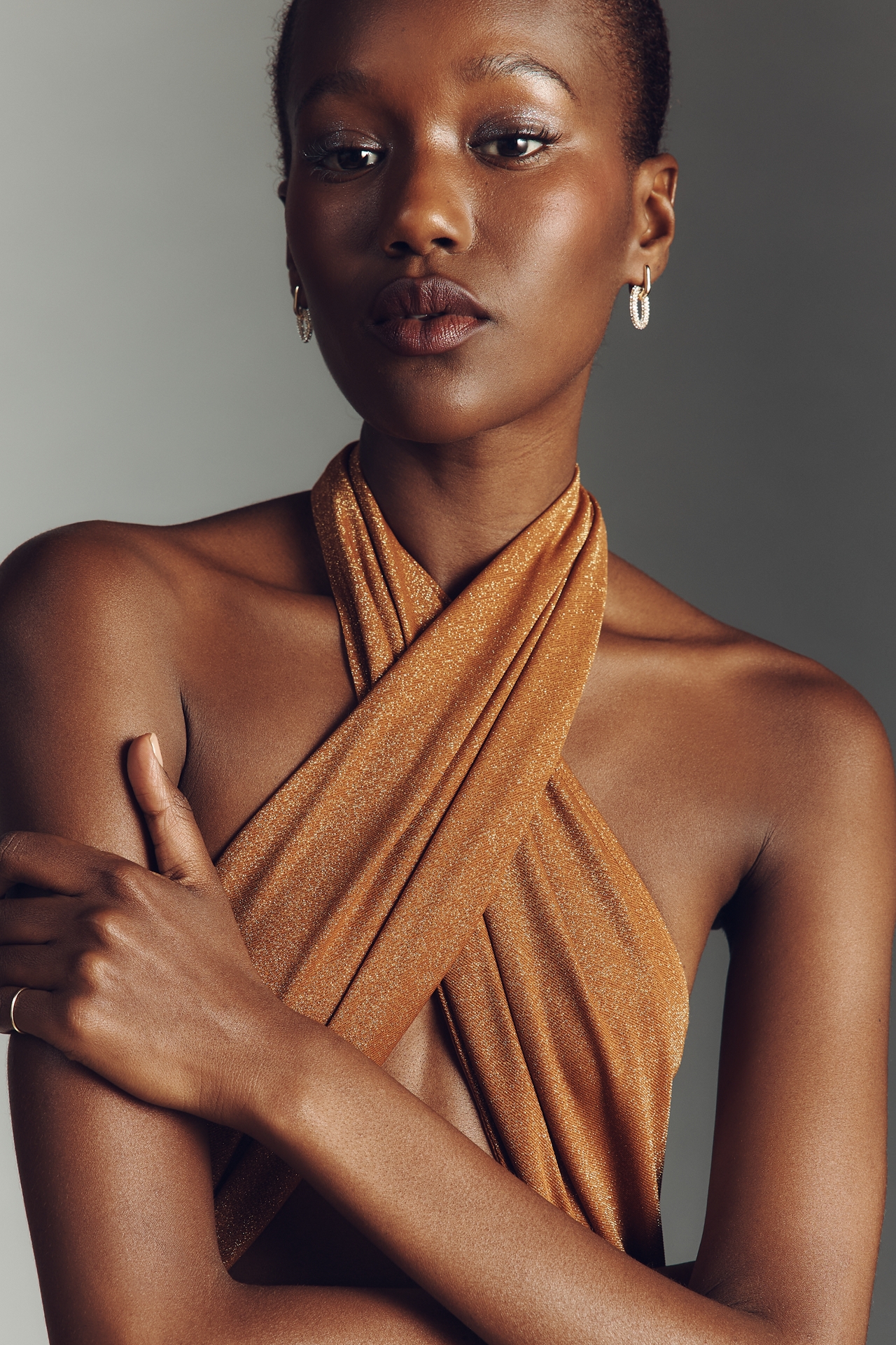 AFRM Kendrick Sparkle Cross-Front Halter Maxi Dress