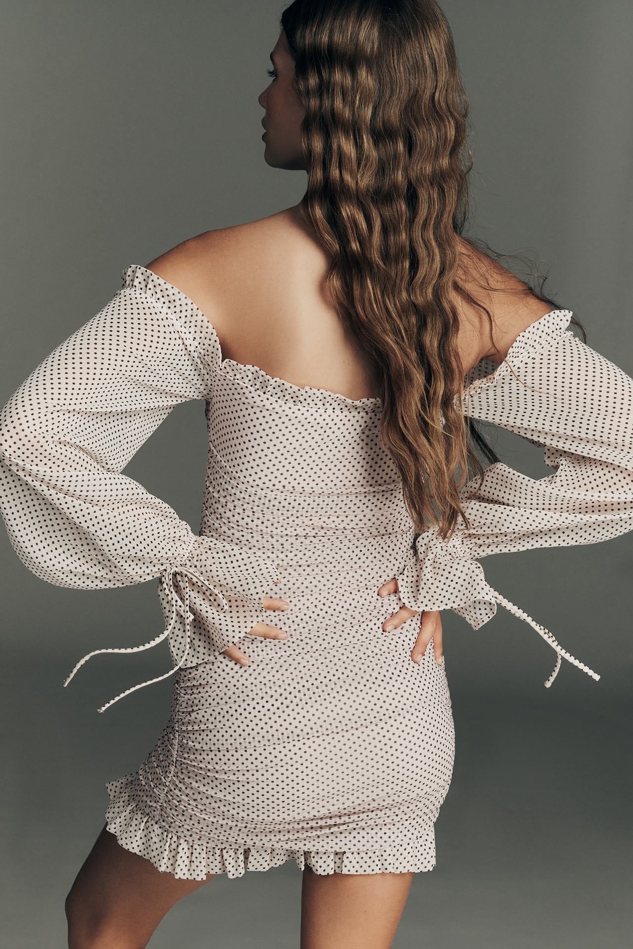 AFRM Claudia Off-Shoulder Long-Sleeve Mesh Mini Dress