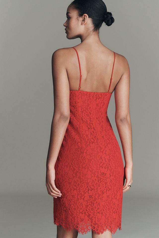 knee length dresses for ladies The Slip Dress | Beaded Red Lace Satin Midi Dress for Women