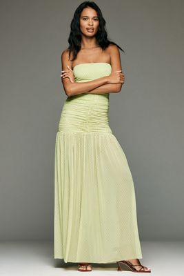 sachin and babi light blue dress Sndys Mesh Asymmetric Dropped Waist Ruched Detailing Maxi Dress in Cranberry-Red main image 0