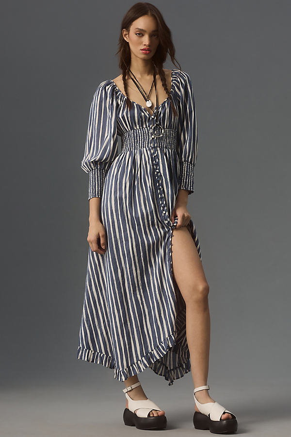 By Anthropologie Long-Sleeve Smocked-Waist Stripe Maxi Dress