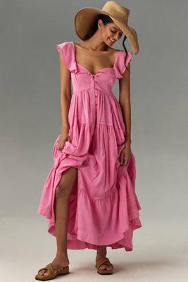 Pilcro Flutter-sleeve Button-front Tiered Maxi Dress In Pink