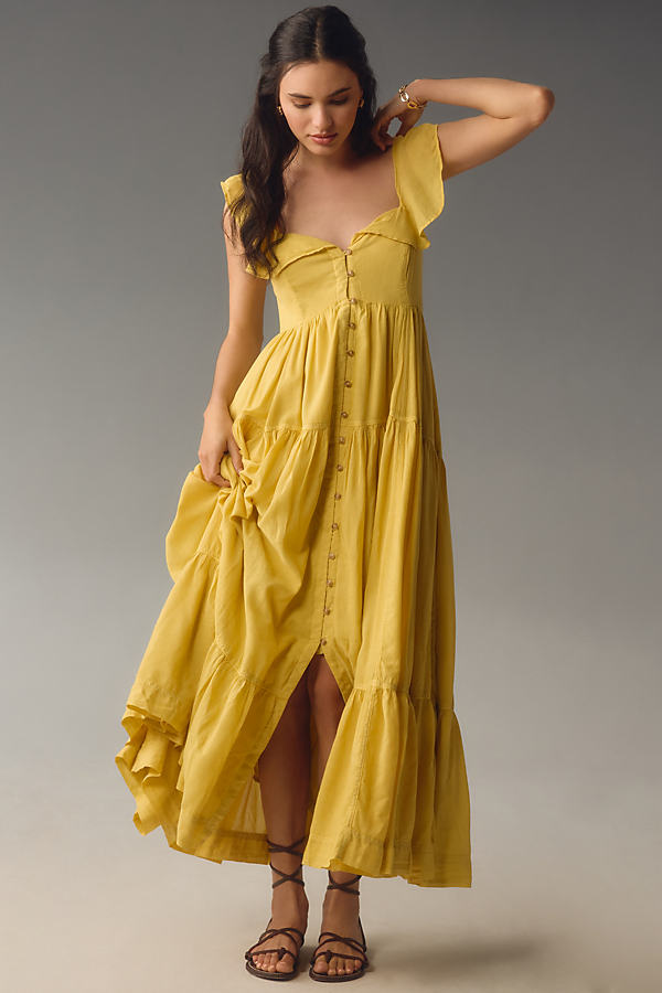 Pilcro Flutter-sleeve Tiered Midi Dress In Yellow