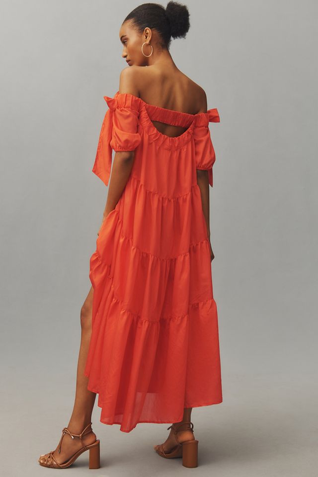 By Anthropologie Off-The-Shoulder Tiered High-Low Midi Dress #4