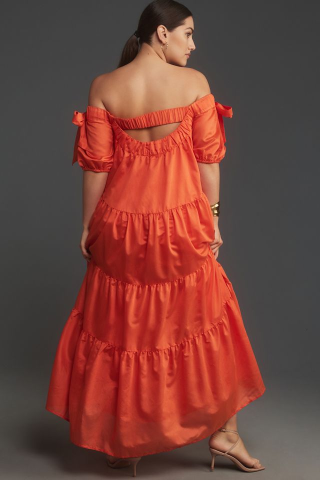 By Anthropologie Off-The-Shoulder Tiered High-Low Midi Dress #1