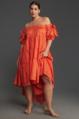 By Anthropologie Off-The-Shoulder Tiered High-Low Midi Dress
