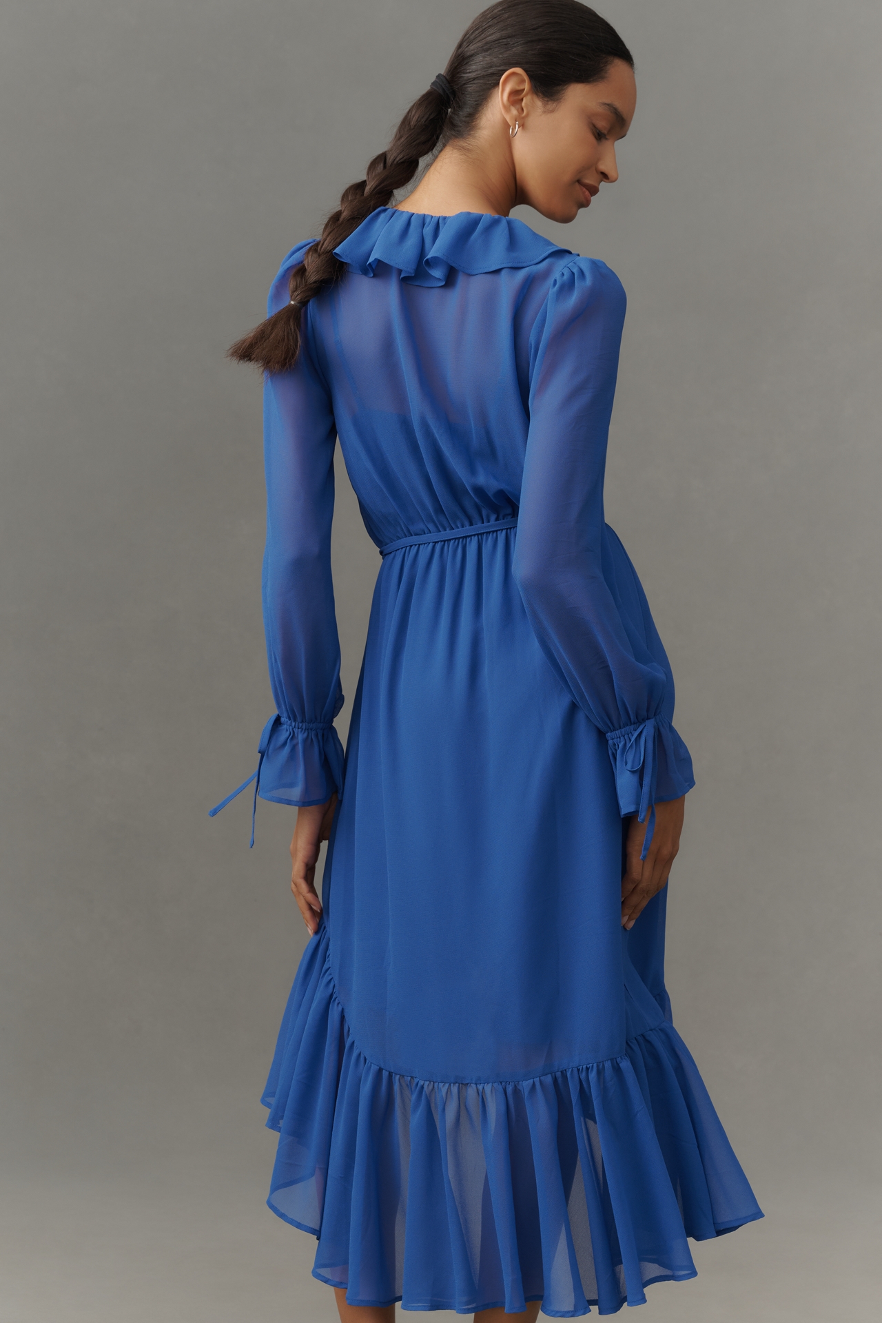 By Anthropologie Long-Sleeve Ruffled Asymmetric Midi Dress