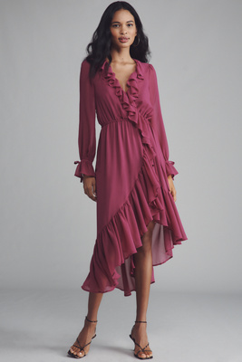 By Anthropologie Long-sleeve Ruffled Asymmetric Midi Dress In Pink
