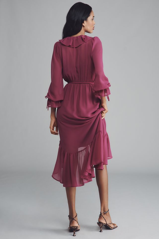 By Anthropologie Long-Sleeve Ruffled Asymmetric Midi Dress