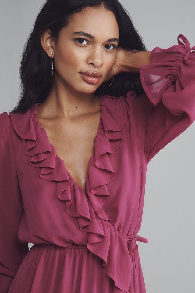 By Anthropologie Long-Sleeve Ruffled Asymmetric Midi Dress