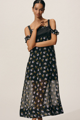 Maeve Square-neck Sheer Floral Midi Dress In Black