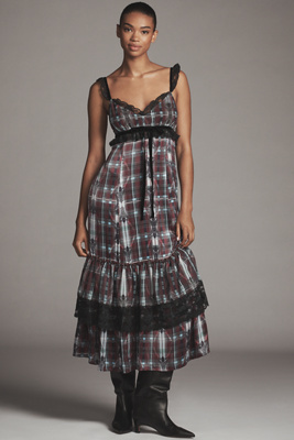 By Anthropologie V-neck Lace-trim Midi Dress In Multi