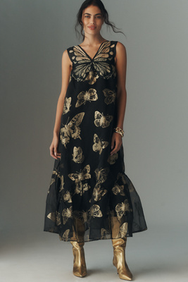 By Anthropologie Sleeveless Butterfly Midi Dress In Black