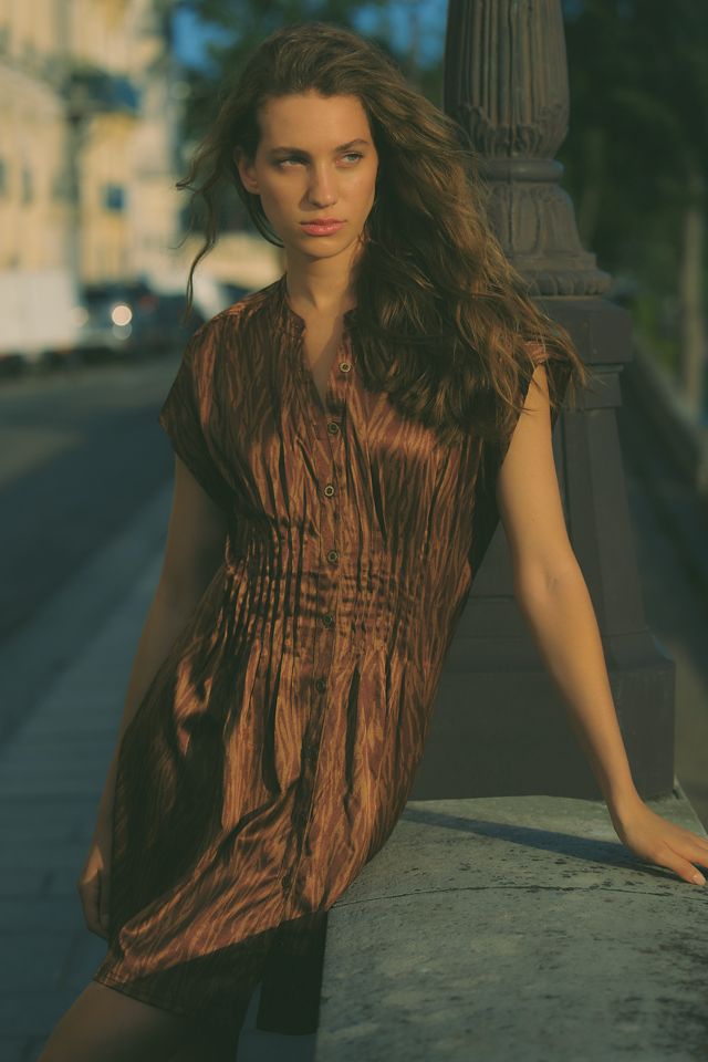 Linded Silken Pleated Shirtdress by Pilcro #2