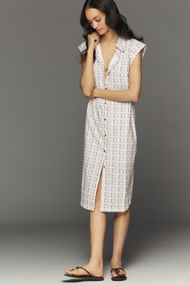 Maeve Buttondown Sheath Collared Midi Dress In White