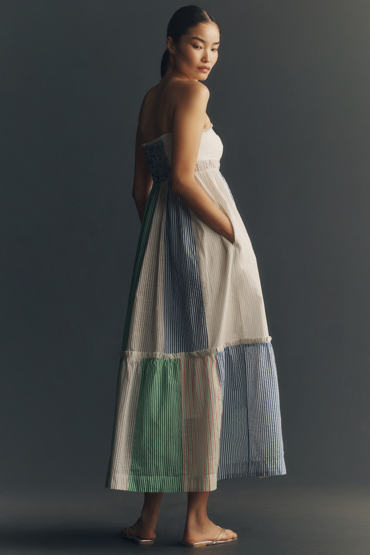 Maeve Cotton Strapless Colorblock Midi Dress