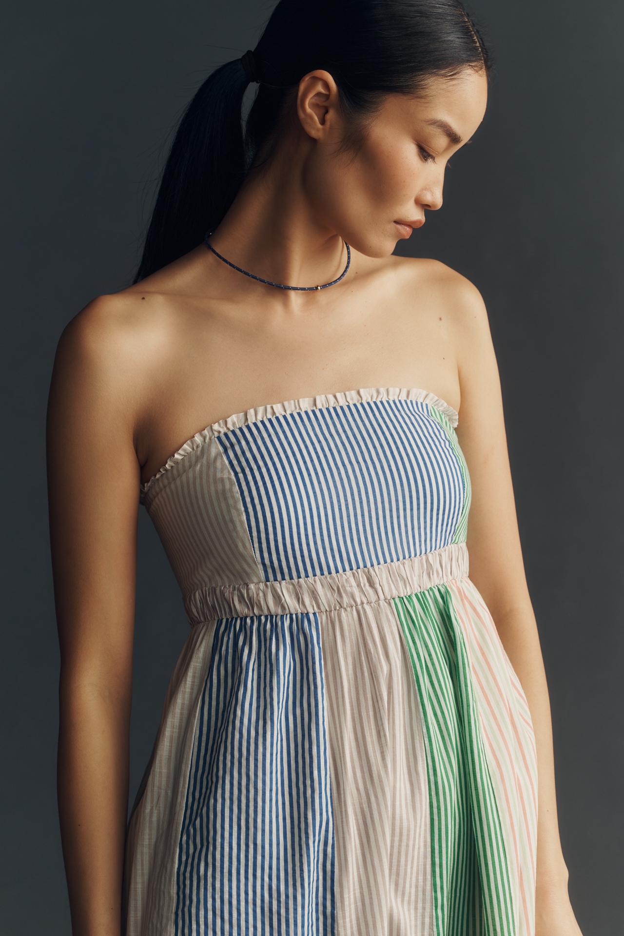 Maeve Cotton Strapless Colorblock Midi Dress