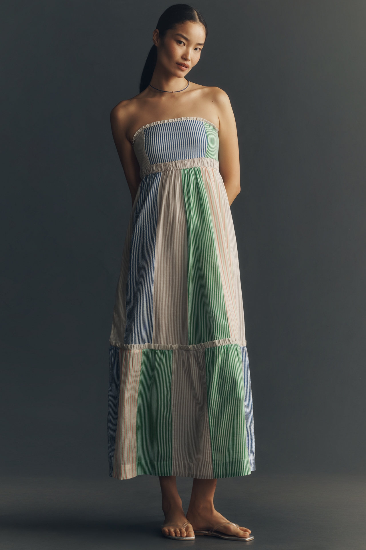 Maeve Cotton Strapless Colorblock Midi Dress