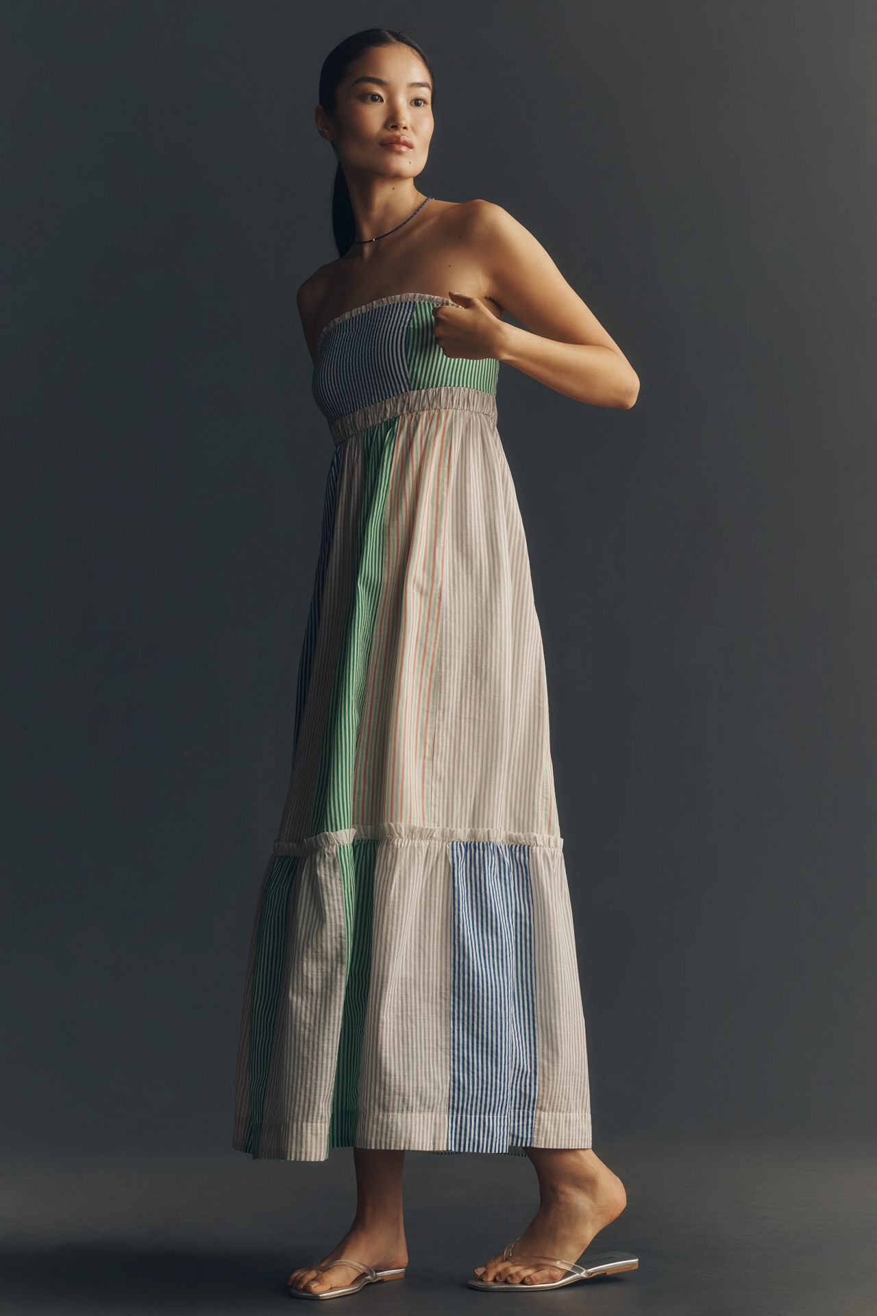 Maeve Cotton Strapless Colorblock Midi Dress