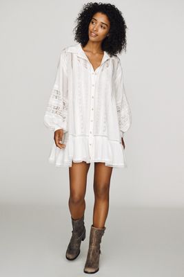 anthropologie white lace dress Daily Practice By Long-Sleeve Lace-Up Mini 100% cotton By Anthropologie Lace-Trimmed Mini Dress