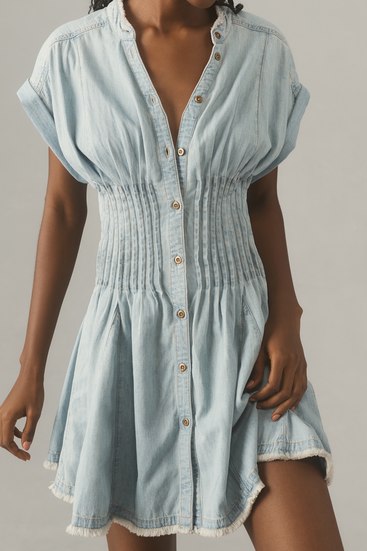 Pilcro Shirred-Waist Buttondown Mini Dress