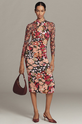 By Anthropologie Long-sleeve Halter Mesh Midi Dress In Burgundy