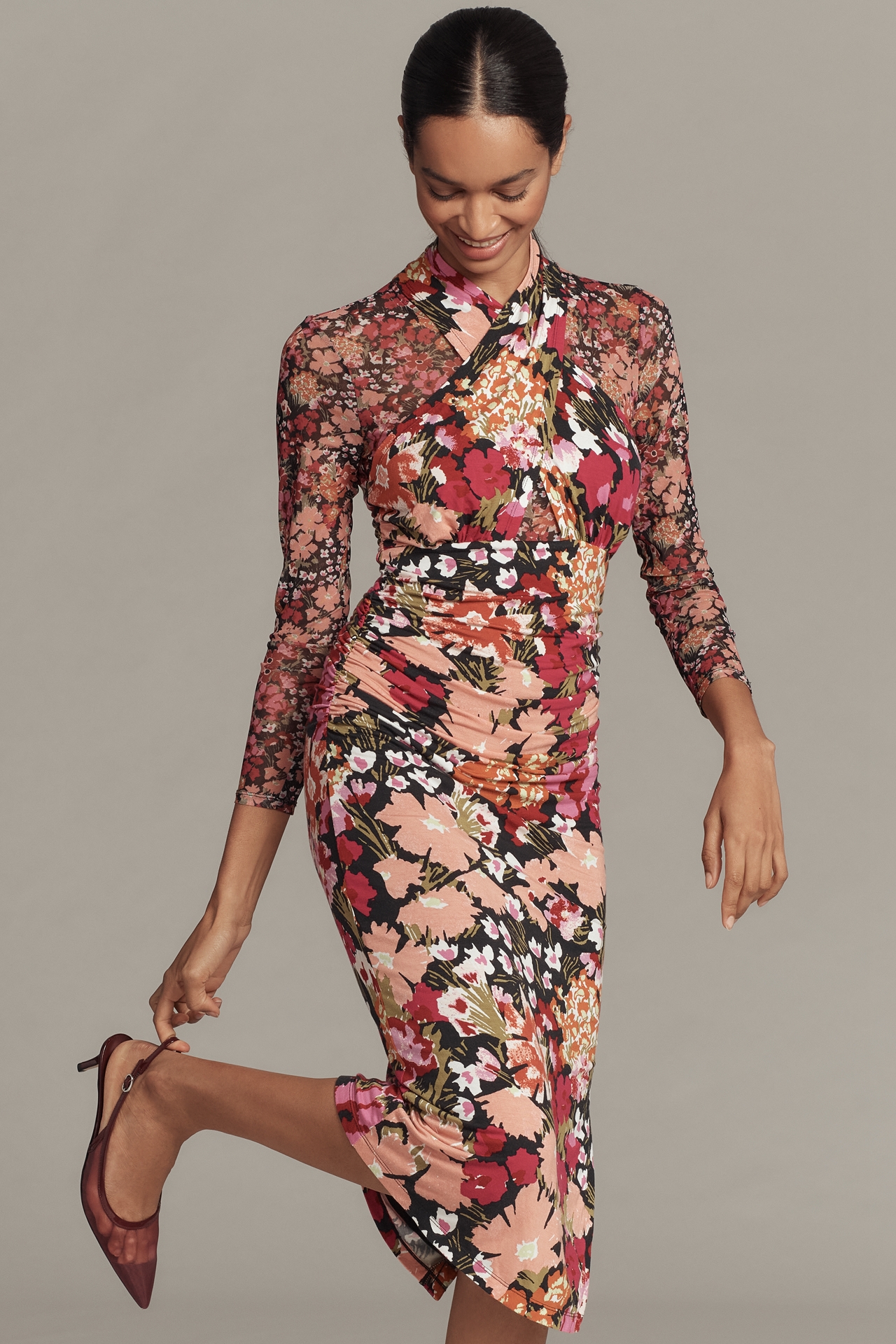 By Anthropologie Long-Sleeve Halter Mesh Midi Dress