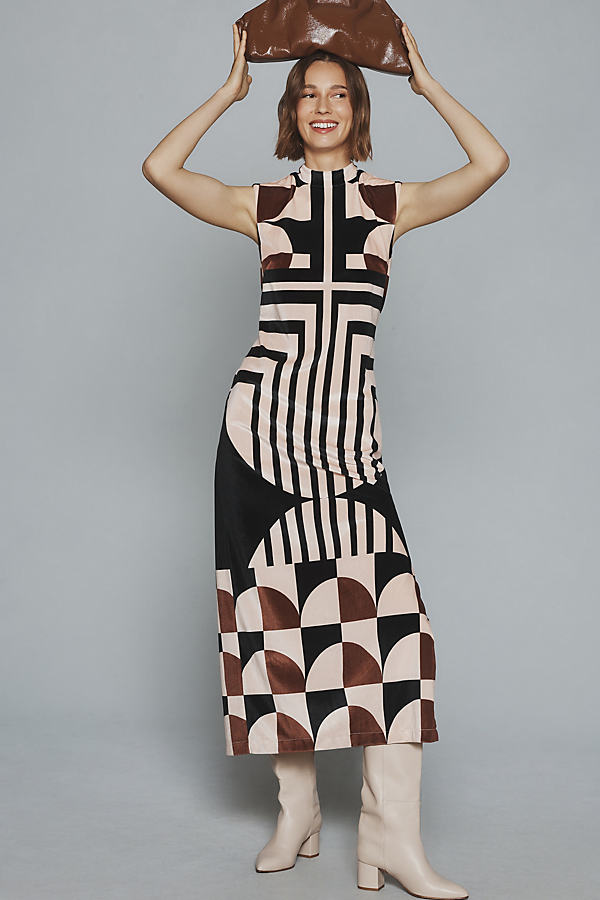 By Anthropologie Mock-Neck Geometric Sleeveless Midi Dress