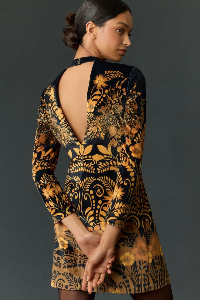 By Anthropologie Long-Sleeve Printed Velvet Mini Dress #1