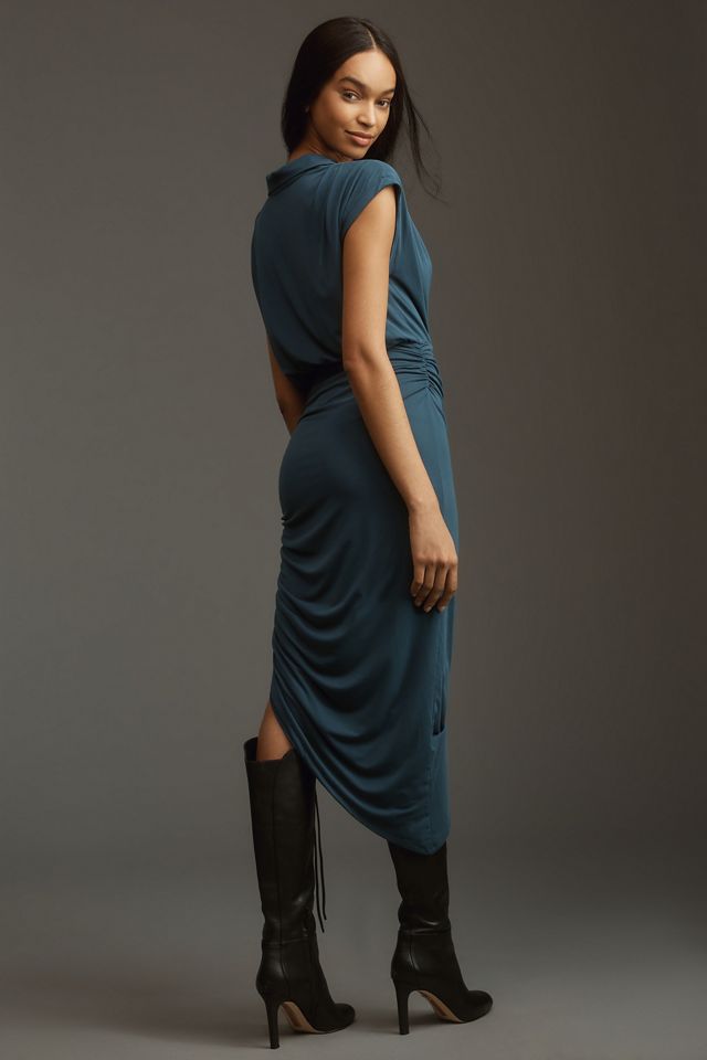 By Anthropologie Ruched Cowl-Neck Cap-Sleeve Midi Dress #1