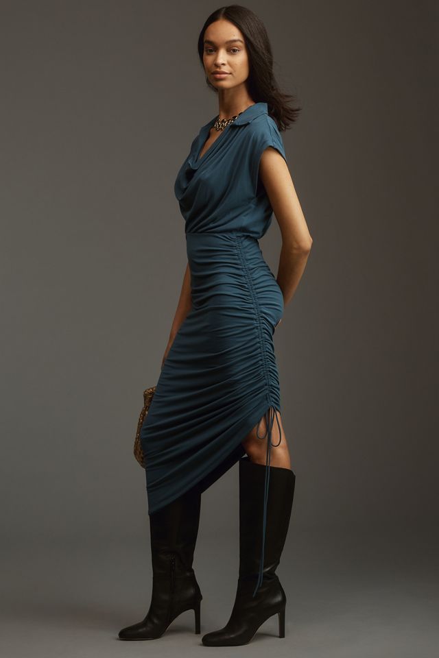 By Anthropologie Ruched Cowl-Neck Cap-Sleeve Midi Dress #3